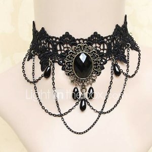 Joyas Gosurori Collar Lolita Negro Accesorios de Lolita Collar Encaje por Encaje Gemas Artificiales