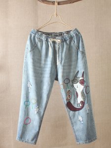 Newchic Pantaloni demin vintage in vita con elastico e ricamo