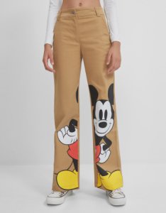 Bershka Pantalón Wide Leg Mickey Mouse Mujer 36 Marrón