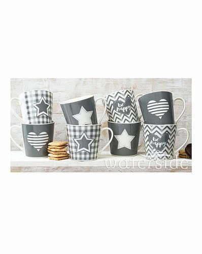 Grey Star & Heart Set of 8 Mugs