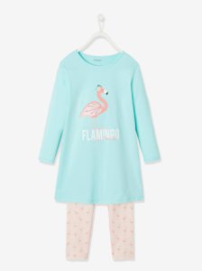 Vertbaudet Nightie + leggings for girls, flamingo blue light solid with design
