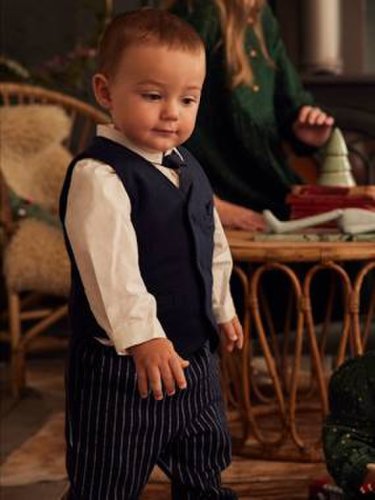 Occasionwear Outfit, Waistcoat + Shirt + Tie + Striped Trousers for Baby Boys dark blue