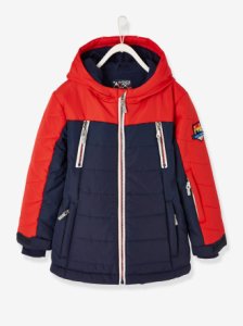 Ski Parka Jacket with Hood, Polar Fleece Lining, Reflective Details, for Boys blue dark solid with design