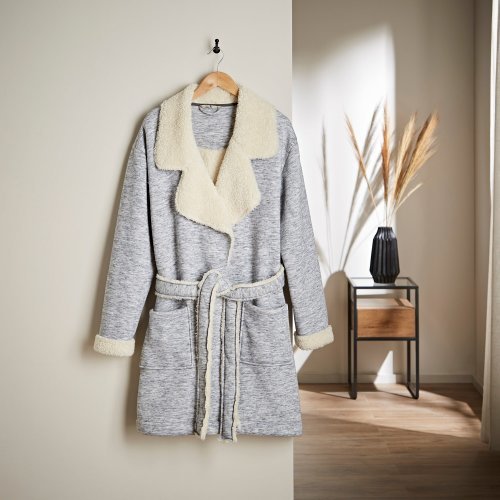 Jersey Sherpa Bonded Dressing Gown Grey/Cream