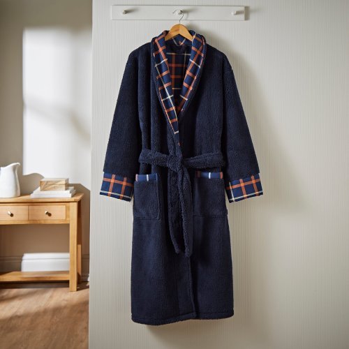 Sherpa Navy Checked Dressing Gown Navy Blue