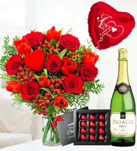 J'adore Deluxe Gift - Valentine's Flowers - Valentine's Gifts - Red Roses and Tulips - Flowers with Wine
