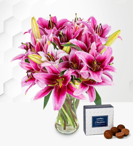 Prestige Flowers Pink lilies - free chocs - flower delivery - next day flower delivery - next day flowers - send flowers - flowers by post