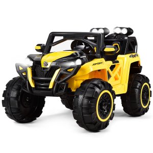 Costway 12v kids riding racing remote control truck with led light-yellow
