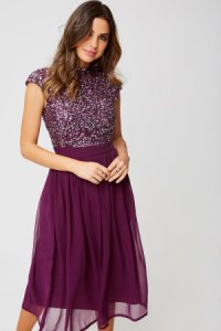 Little Mistress Michelle Plum Sequin Top Midi Dress size: 6 UK, colour