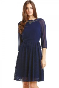 Little Mistress Navy Chiffon and Lace 2 in 1 Embellished Dress size: 8