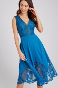 Little Mistress Reagan Lagoon Blue Lace-Trim Midi Dress size: 6 UK, co