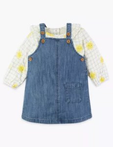 Marks & Spencer 2 piece top & denim pinafore outfit (0-36 mths) blue