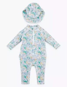 Marks & Spencer 2 piece floral swimsuit & hat (0-3 yrs) multi-coloured