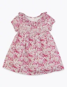 Cotton Floral Smock Dress (0-36 Mths) pink