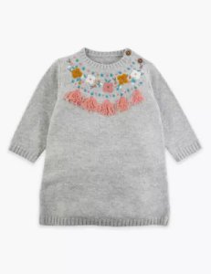 Knitted Floral Jumper Dress (0-3 Yrs) grey