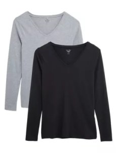 M&S Collection 2 Pack Cotton V-Neck Fitted Tops - 6 - Black/Grey, Black/Grey