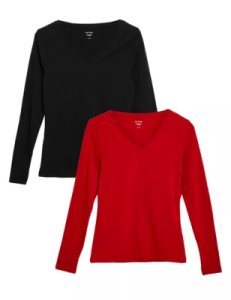 M&S Collection 2 Pack Cotton V-Neck Fitted Tops - 6 - Red/Black, Red/Black