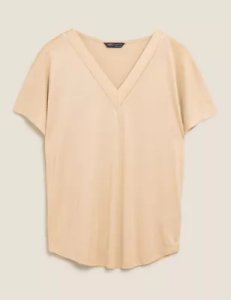 M&S Collection V-Neck Woven Trim Short Sleeve Top - 6 - Neutral, Neutral