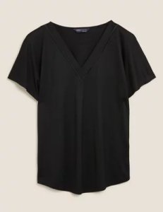 M&S Collection V-Neck Woven Trim Short Sleeve Top - 8 - Black, Black