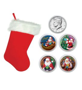 Santa Coin Collection in Christmas Stocking
