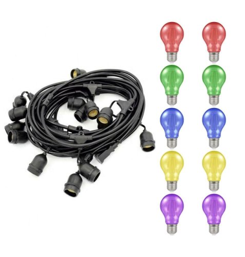 Festoon Light Premium 5m Connectible Outdoor E27 Multi-Coloured with 10x LED GLS Light Bulbs