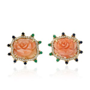 Artisan - 18Kt Yellow Gold Carving Coral Flower Stud Earring Emerald Sapphire