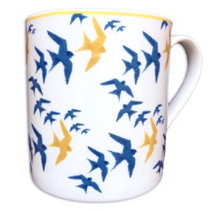 The Humble Cut - Flock China Mug - Blue & Ochre Swallow Print on White