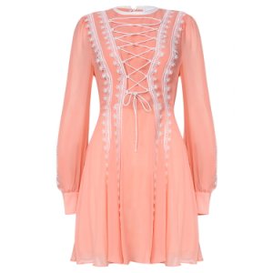 True Decadence - Peach & White Contrast Lace Up Front Mini Dress