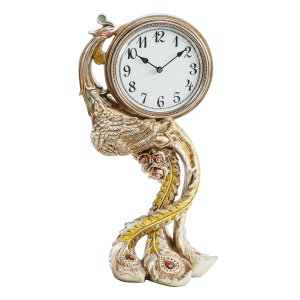 Ornate Bronze Finish Peacock Mantel Clock with Red Crystals