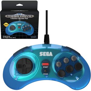 Retro-Bit Official SEGA Mega Drive Clear Blue Controller 6-Button Arcade Pad for Sega Mega Drive