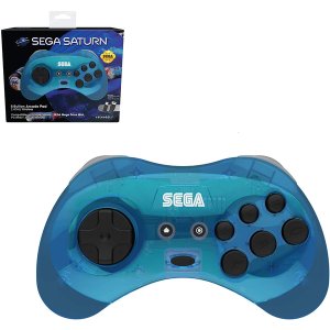 Retro-Bit Official SEGA Saturn Blue Wireless Controller 8-Button Arcade Pad for Sega Mega Drive