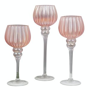 Set of 3 Pearlised Pink Glass Goblet Style Candle Holders