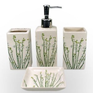 4 Piece Ceramic Green Floral Bathroom Set Soap Dispenser Toothbrush Holder Cup