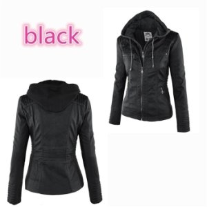 Black New Fashion Women Slim Removable Hooded Leather Jackets Outerwear Coats