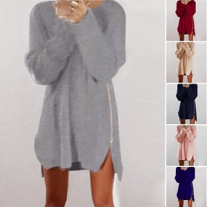 Blue Ladies Warm Loose Above Knee Polyester Plain Knitted Zipper Sweater Dresses