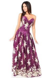 Daisy Fuentes Sexy elegant plum floral embroidered steel boned long corset dress