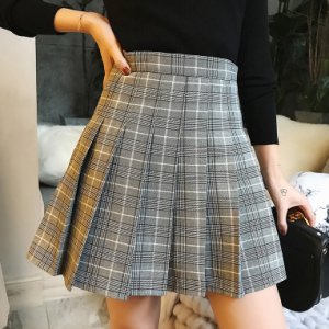 Woman Girl Pleated Plaid Skirt College Style Gray Pleated Plaid Skirt- Petite