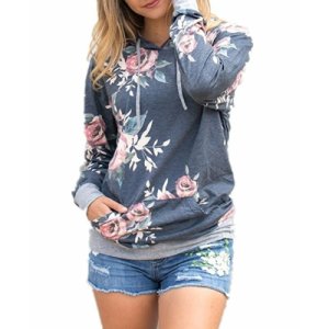 Woman's Fashion Long Sleeve Floral Print Pullover Hoodie With Pockets