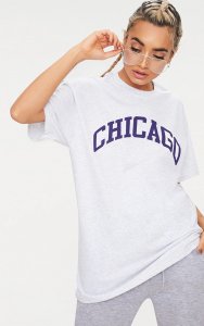 Ash Grey Chicago Slogan Oversized T Shirt