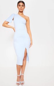 Prettylittlething Baby blue one shoulder bow detail midi dress