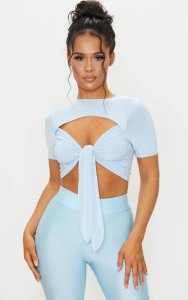 Prettylittlething Baby blue slinky cut out tie crop top