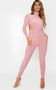 Prettylittlething Baby pink ruched one shoulder jumpsuit