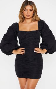 Black Balloon Sleeve Ruched Bodycon Dress