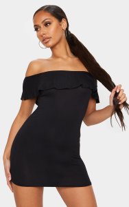 Black Bardot Frill Detail Bodycon Dress