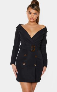 Prettylittlething Black bardot tortoise button belted blazer dress