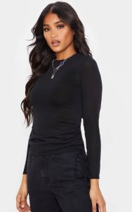 Black Cotton Ruched Side Long Sleeve Top