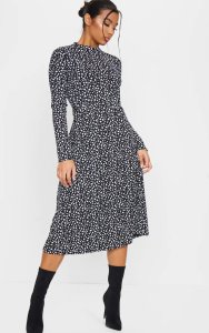 Prettylittlething Black dalmatian print long sleeve rib midi dress
