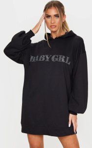 Prettylittlething Black diamante baby girl slogan hoodie dress