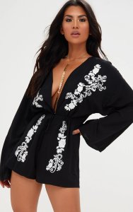 Prettylittlething Black embroidered plunge playsuit