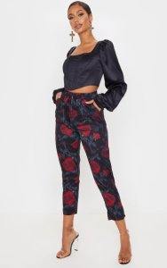 Prettylittlething Black floral print casual trousers